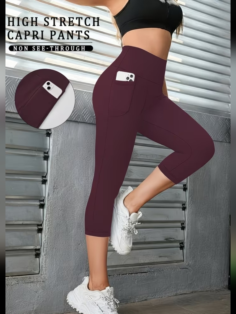 Women’s High-Rise 3/4 Pocket Leggings - Deep Plum - Picture 2 of 3